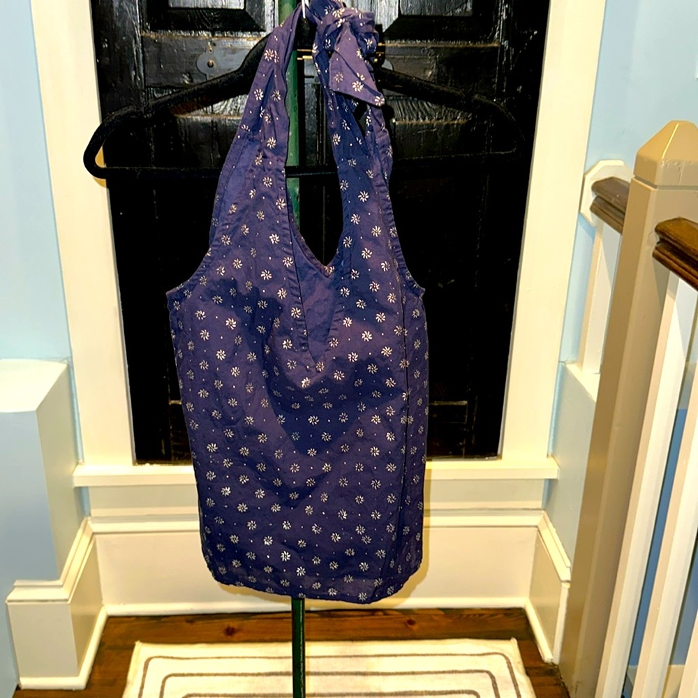 Convertible halter or strap top, navy blue with silver accent